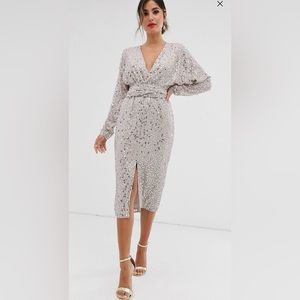 ASOS DESIGN midi dress with batwing sleeve and wrap waist in scatter sequin.